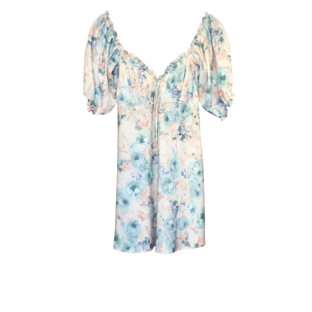 Grade & Gather Pastel Floral Babydoll Mini Dress Puff Sleeve Size S